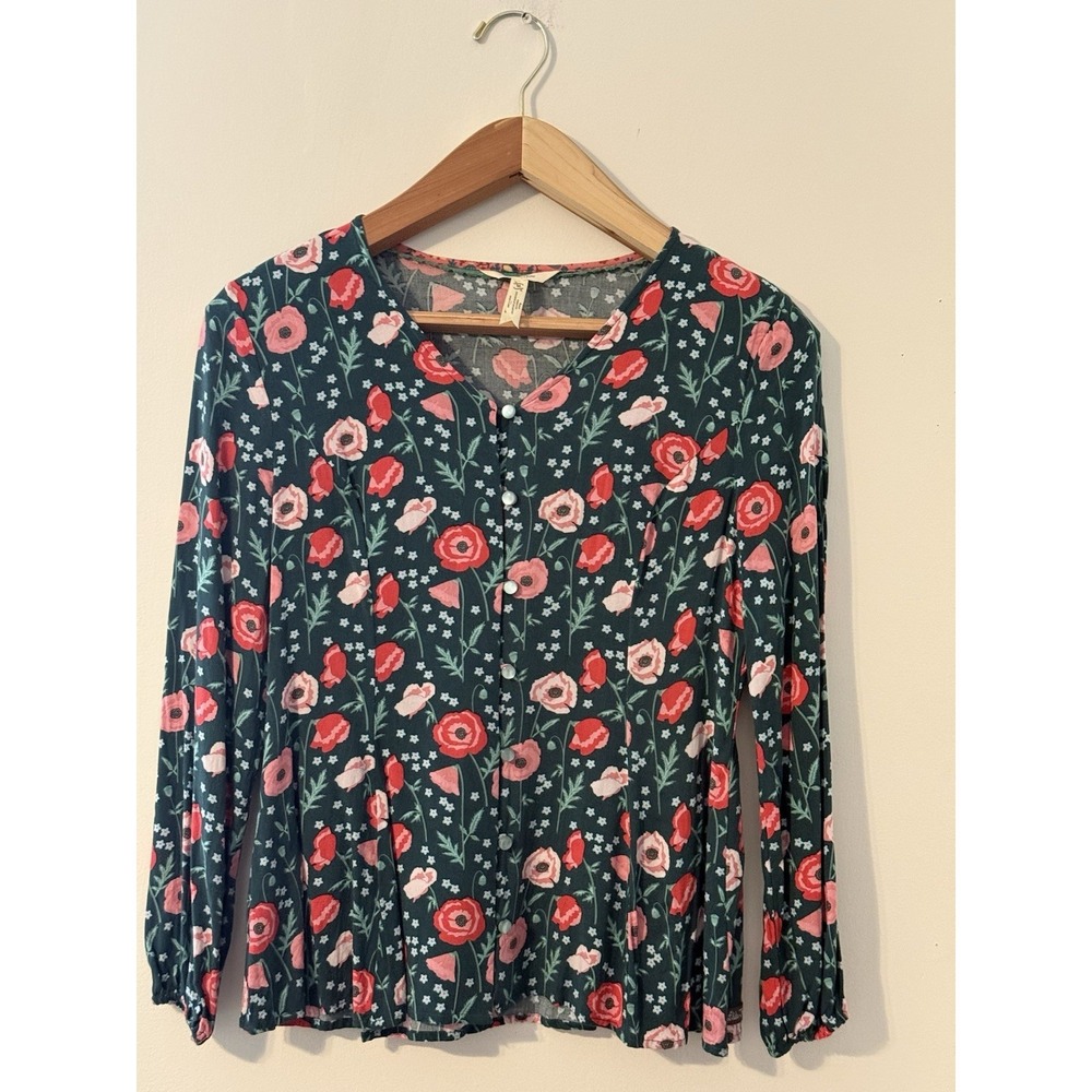 Matilda Jane Women's M Green Floral V-Neck Long Sleeve Button Woven Rayon Blouse